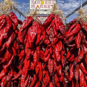 Hatch chile ristras hanging up at Farmers Chile Market