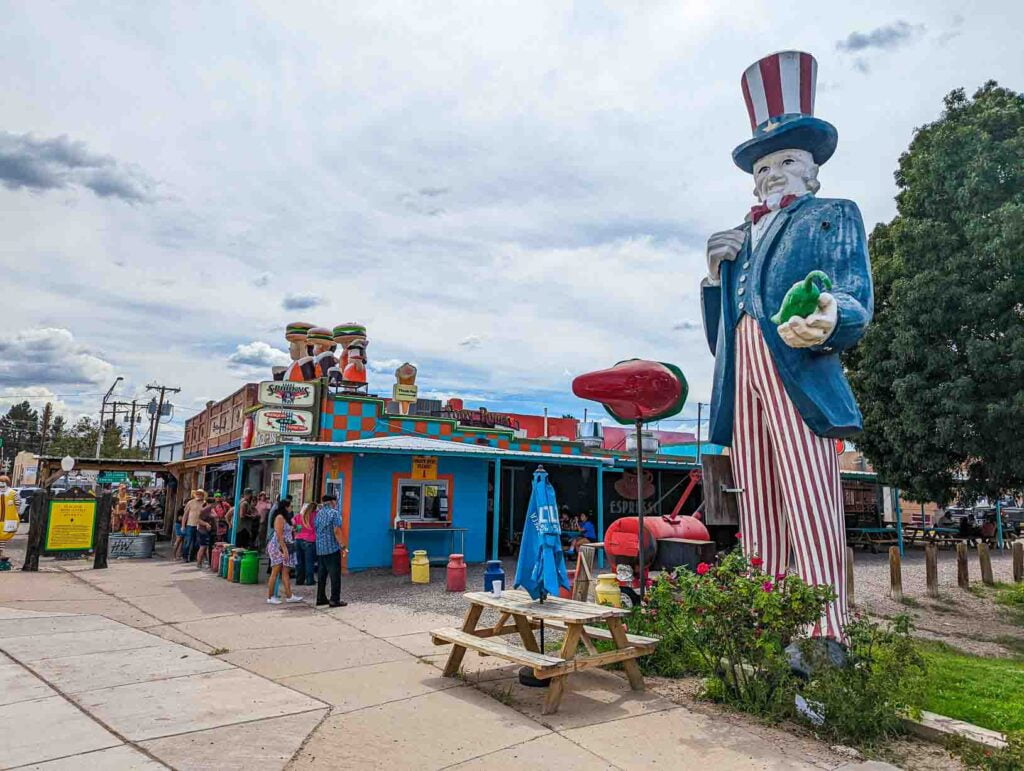 front of Skarky's, the most famous green chile cheeseburger place in Hatch, NM