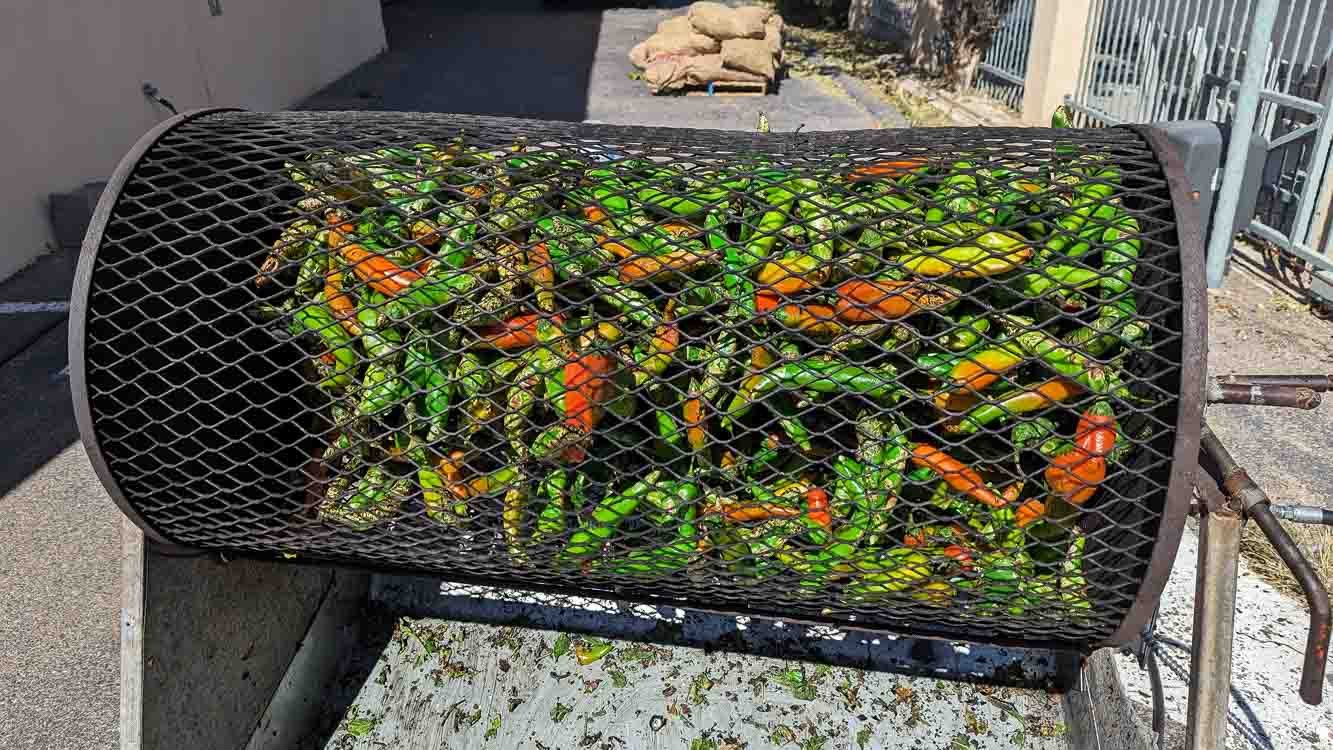 A chile roasted filled with Hatch chile pintado, or red and green chile roasting in Albuquerque, New Mexico