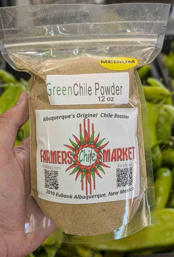 a 12 ounce bag of Farmers Chile Market Hatch green chile powder