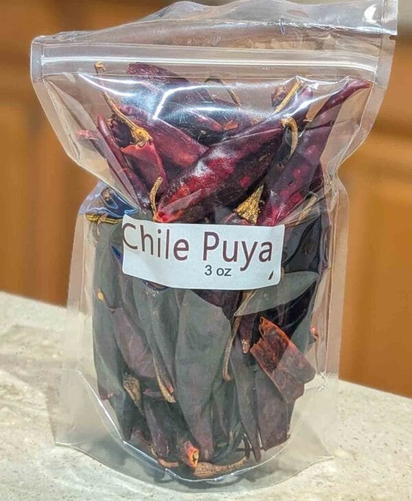 a 3 oz bag of dried puya chile peppers from Mexico