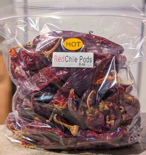 an 8 oz bag of dried hot flavored Hatch red chile pods